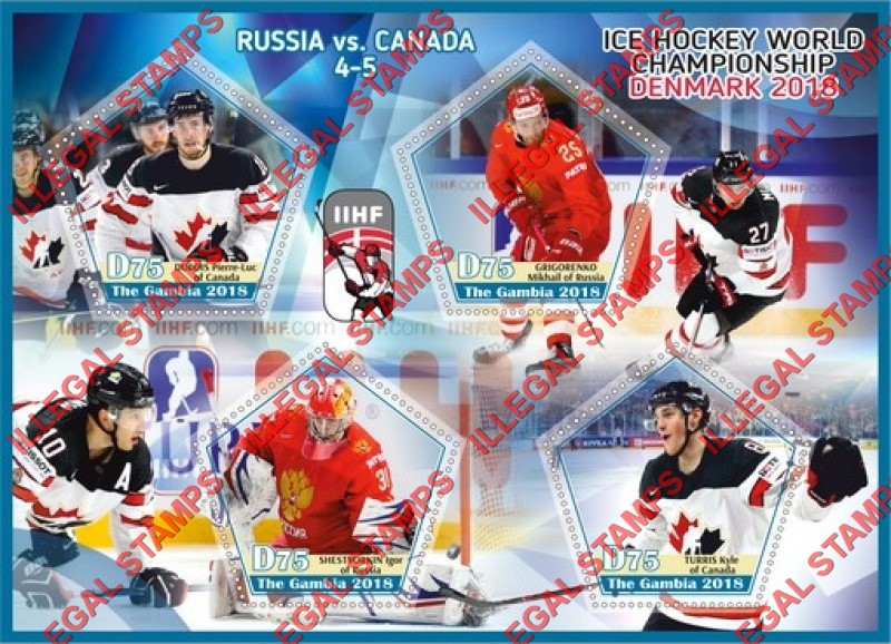Gambia 2018 Ice Hockey World Championship in Denmark Illegal Stamp Souvenir Sheet of 4 Gambia 2018 Ice Hockey World Championship in Denmark Illegal Stamp Souvenir Sheet of 4