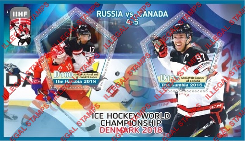 Gambia 2018 Ice Hockey World Championship in Denmark Illegal Stamp Souvenir Sheet of 2 Gambia 2018 Ice Hockey World Championship in Denmark Illegal Stamp Souvenir Sheet of 2