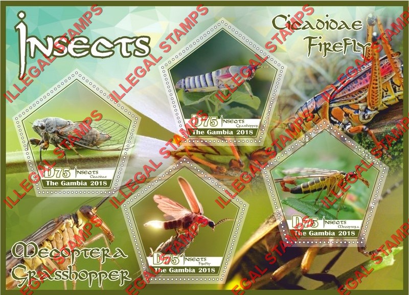 Gambia 2018 Insects Illegal Stamp Souvenir Sheet of 4 Gambia 2018 Insects Illegal Stamp Souvenir Sheet of 4
