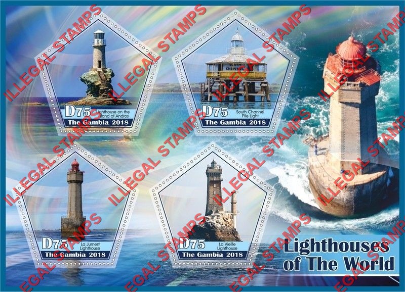 Gambia 2018 Lighthouses Illegal Stamp Souvenir Sheet of 4 Gambia 2018 Lighthouses Illegal Stamp Souvenir Sheet of 4
