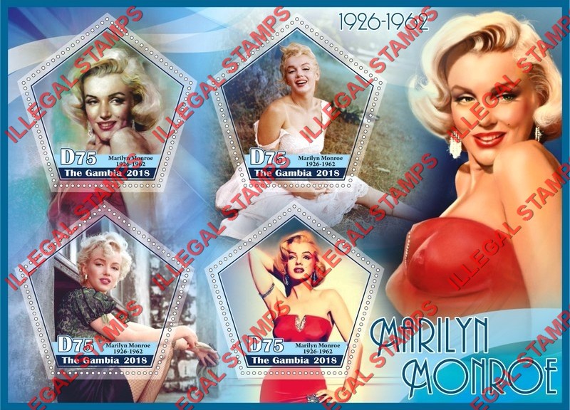 Gambia 2018 Marilyn Monroe (different) Illegal Stamp Souvenir Sheet of 4 Gambia 2018 Marilyn Monroe (different) Illegal Stamp Souvenir Sheet of 4