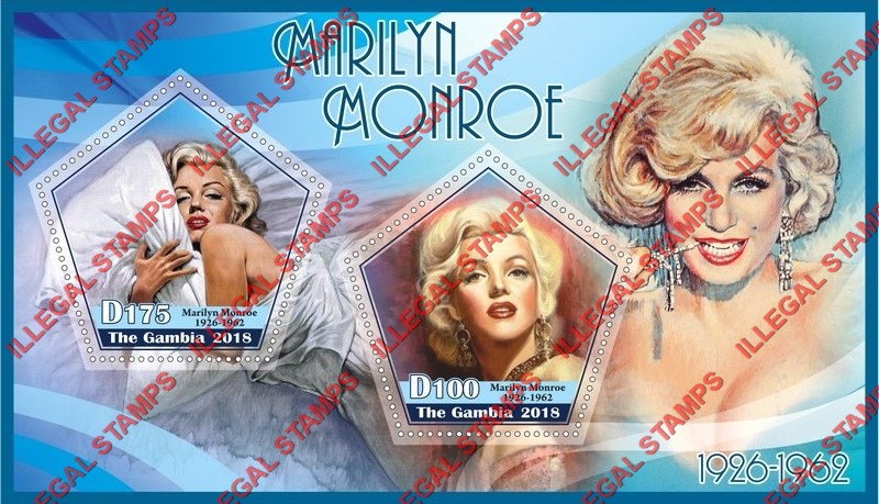 Gambia 2018 Marilyn Monroe (different) Illegal Stamp Souvenir Sheet of 2 Gambia 2018 Marilyn Monroe (different) Illegal Stamp Souvenir Sheet of 2