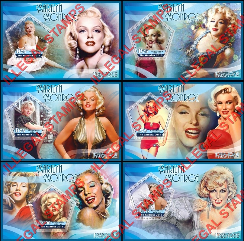 Gambia 2018 Marilyn Monroe (different) Illegal Stamp Souvenir Sheets of 1 Gambia 2018 Marilyn Monroe (different) Illegal Stamp Souvenir Sheets of 1