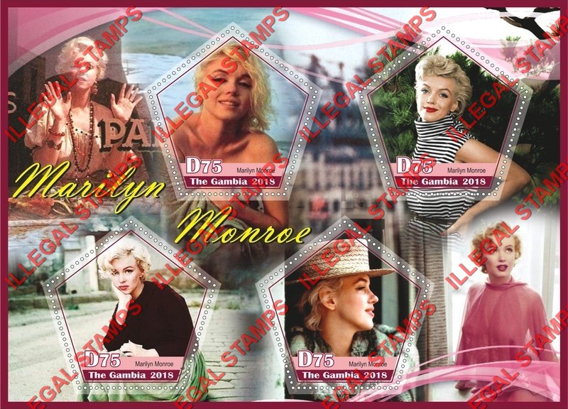 Gambia 2018 Marilyn Monroe Illegal Stamp Souvenir Sheet of 4 Gambia 2018 Marilyn Monroe Illegal Stamp Souvenir Sheet of 4