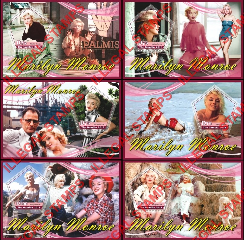 Gambia 2018 Marilyn Monroe Illegal Stamp Souvenir Sheets of 1 Gambia 2018 Marilyn Monroe Illegal Stamp Souvenir Sheets of 1