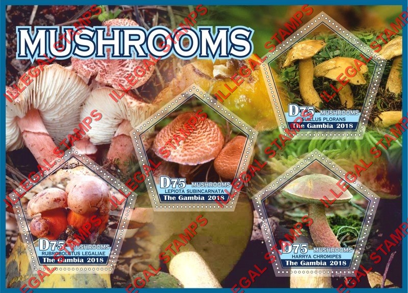 Gambia 2018 Mushrooms (different) Illegal Stamp Souvenir Sheet of 4 Gambia 2018 Mushrooms (different) Illegal Stamp Souvenir Sheet of 4