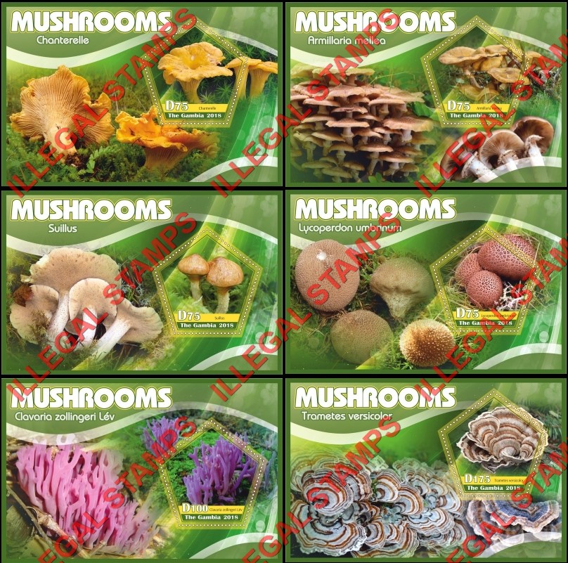 Gambia 2018 Mushrooms Illegal Stamp Souvenir Sheets of 1 Gambia 2018 Mushrooms Illegal Stamp Souvenir Sheets of 1
