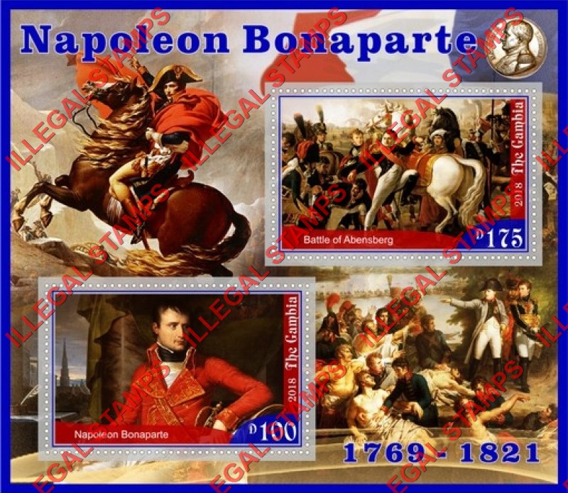 Gambia 2018 Napoleon Bonaparte Illegal Stamp Souvenir Sheet of 2 Gambia 2018 Napoleon Bonaparte Illegal Stamp Souvenir Sheet of 2