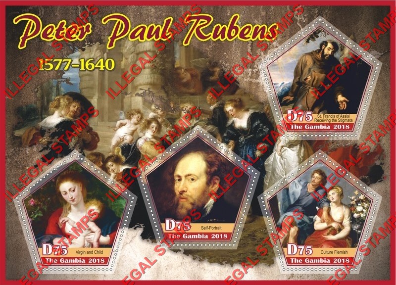 Gambia 2018 Paintings Peter Paul Rubens Illegal Stamp Souvenir Sheet of 4 Gambia 2018 Paintings Peter Paul Rubens Illegal Stamp Souvenir Sheet of 4