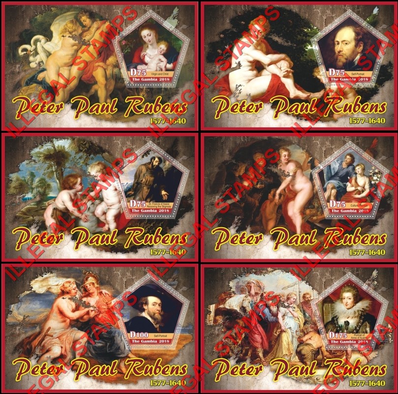 Gambia 2018 Paintings Peter Paul Rubens Illegal Stamp Souvenir Sheets of 1 Gambia 2018 Paintings Peter Paul Rubens Illegal Stamp Souvenir Sheets of 1