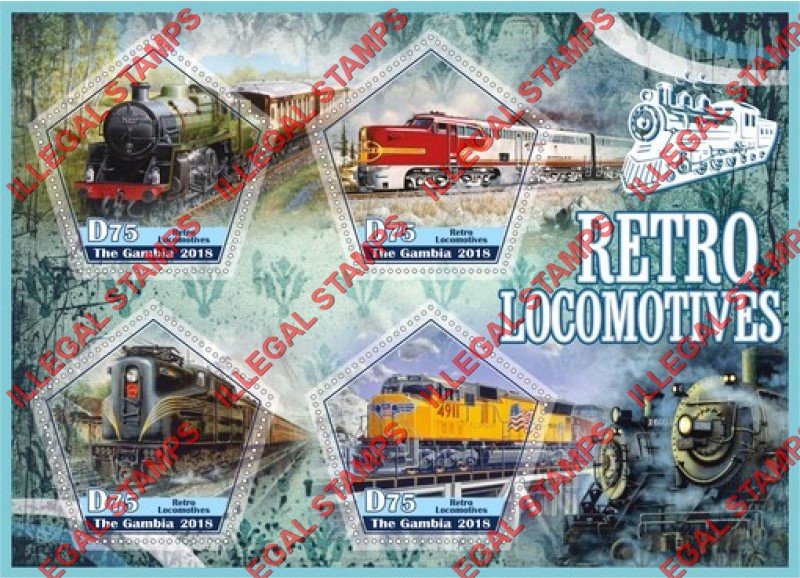Gambia 2018 Retro Locomotives Illegal Stamp Souvenir Sheet of 4 Gambia 2018 Retro Locomotives Illegal Stamp Souvenir Sheet of 4