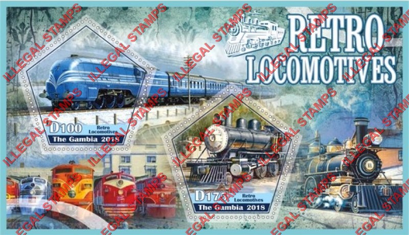 Gambia 2018 Retro Locomotives Illegal Stamp Souvenir Sheet of 2 Gambia 2018 Retro Locomotives Illegal Stamp Souvenir Sheet of 2