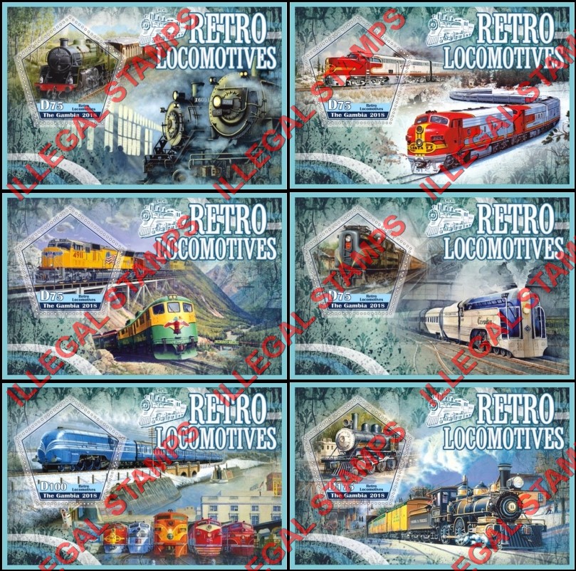 Gambia 2018 Retro Locomotives Illegal Stamp Souvenir Sheets of 1 Gambia 2018 Retro Locomotives Illegal Stamp Souvenir Sheets of 1