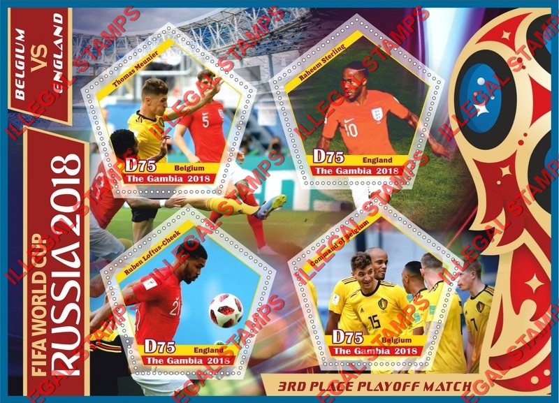 Gambia 2018 World Cup Soccer in Russia Belgium vs England Illegal Stamp Souvenir Sheet of 4 Gambia 2018 World Cup Soccer in Russia Belgium vs England Illegal Stamp Souvenir Sheet of 4