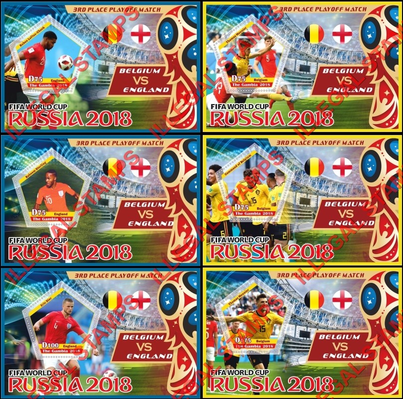 Gambia 2018 World Cup Soccer in Russia Belgium vs England Illegal Stamp Souvenir Sheets of 1 Gambia 2018 World Cup Soccer in Russia Belgium vs England Illegal Stamp Souvenir Sheets of 1