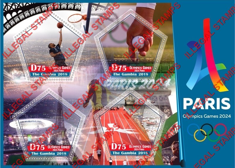 Gambia 2018 Summer Olympics Paris 2024 Illegal Stamp Souvenir Sheet of 4 Gambia 2018 Summer Olympics Paris 2024 Illegal Stamp Souvenir Sheet of 4