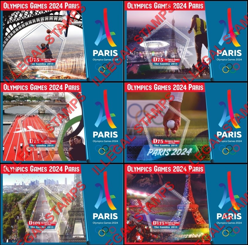 Gambia 2018 Summer Olympics Paris 2024 Illegal Stamp Souvenir Sheets of 1 Gambia 2018 Summer Olympics Paris 2024 Illegal Stamp Souvenir Sheets of 1
