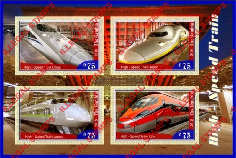 Gambia 2018 High Speed Trains Illegal Stamp Souvenir Sheet of 4 Gambia 2018 High Speed Trains Illegal Stamp Souvenir Sheet of 4