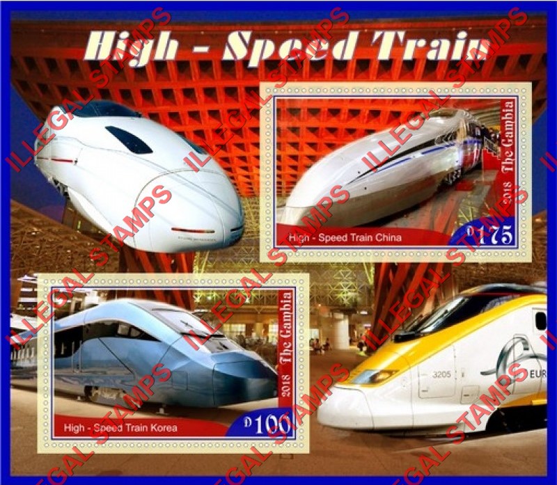 Gambia 2018 High Speed Trains Illegal Stamp Souvenir Sheet of 2 Gambia 2018 High Speed Trains Illegal Stamp Souvenir Sheet of 2