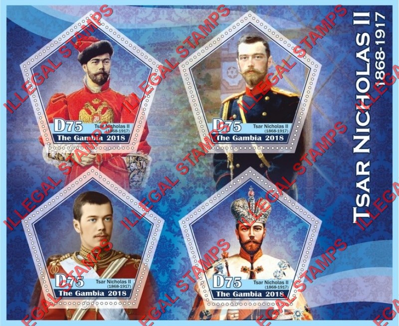 Gambia 2018 Tsar Nicholas II Illegal Stamp Souvenir Sheet of 4 Gambia 2018 Tsar Nicholas II Illegal Stamp Souvenir Sheet of 4