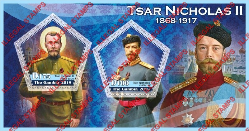 Gambia 2018 Tsar Nicholas II Illegal Stamp Souvenir Sheet of 2 Gambia 2018 Tsar Nicholas II Illegal Stamp Souvenir Sheet of 2