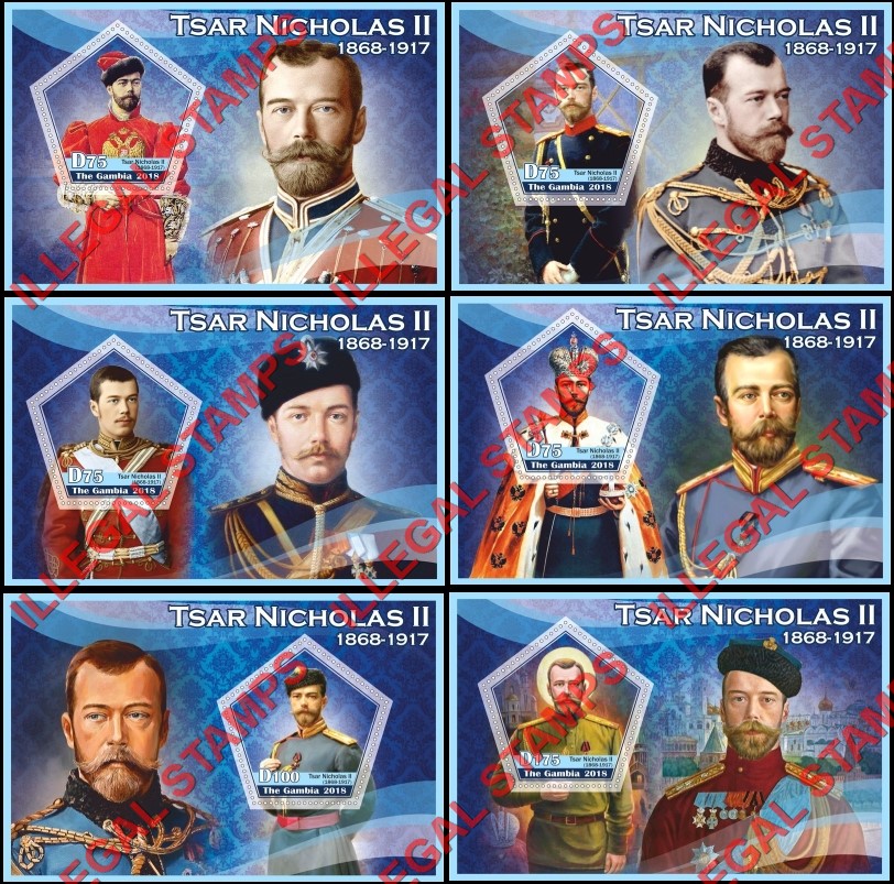 Gambia 2018 Tsar Nicholas II Illegal Stamp Souvenir Sheets of 1 Gambia 2018 Tsar Nicholas II Illegal Stamp Souvenir Sheets of 1