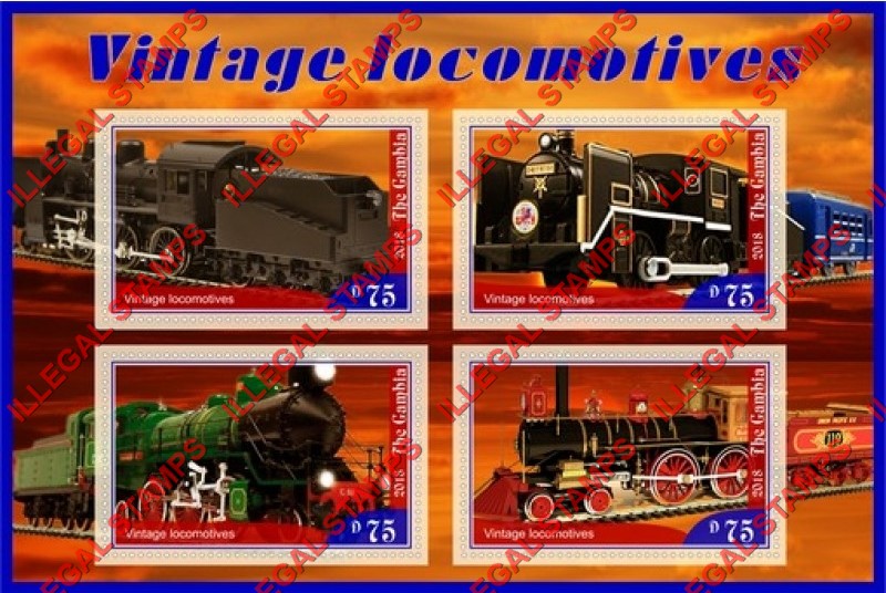 Gambia 2018 Vintage Locomotives Illegal Stamp Souvenir Sheet of 4 Gambia 2018 Vintage Locomotives Illegal Stamp Souvenir Sheet of 4