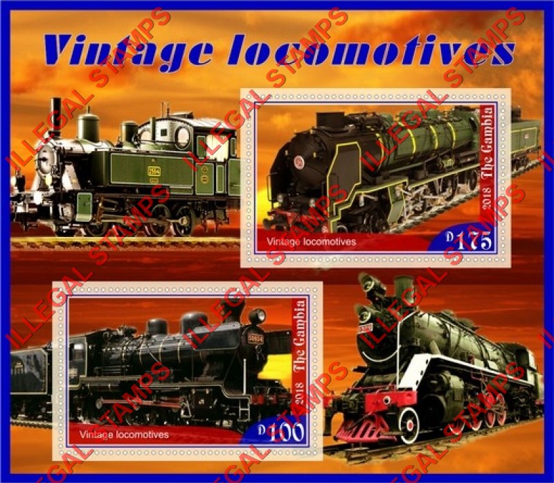 Gambia 2018 Vintage Locomotives Illegal Stamp Souvenir Sheet of 2 Gambia 2018 Vintage Locomotives Illegal Stamp Souvenir Sheet of 2