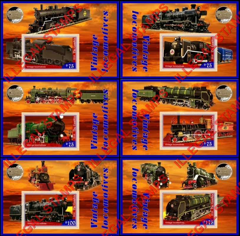 Gambia 2018 Vintage Locomotives Illegal Stamp Souvenir Sheets of 1 Gambia 2018 Vintage Locomotives Illegal Stamp Souvenir Sheets of 1