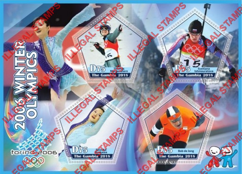 Gambia 2018 Winter Olympics Torino 2006 Illegal Stamp Souvenir Sheet of 4 Gambia 2018 Winter Olympics Torino 2006 Illegal Stamp Souvenir Sheet of 4