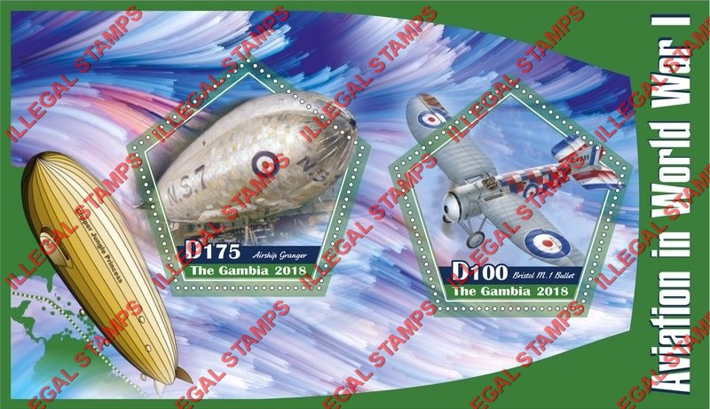Gambia 2018 World War I Aviation (different) Illegal Stamp Souvenir Sheet of 2 Gambia 2018 World War I Aviation (different) Illegal Stamp Souvenir Sheet of 2