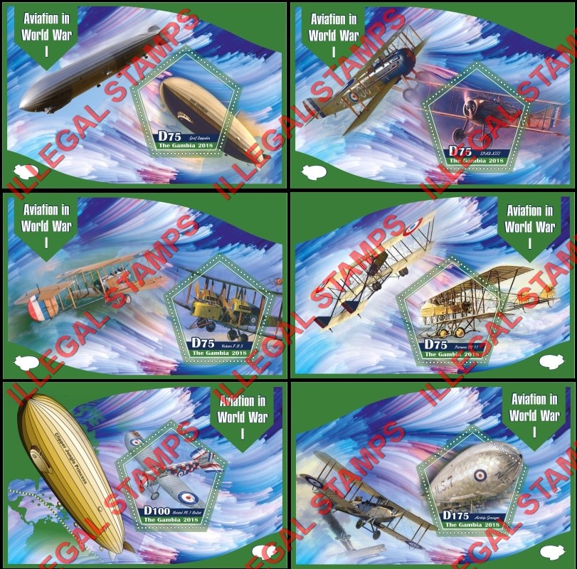Gambia 2018 World War I Aviation (different) Illegal Stamp Souvenir Sheets of 1 Gambia 2018 World War I Aviation (different) Illegal Stamp Souvenir Sheets of 1