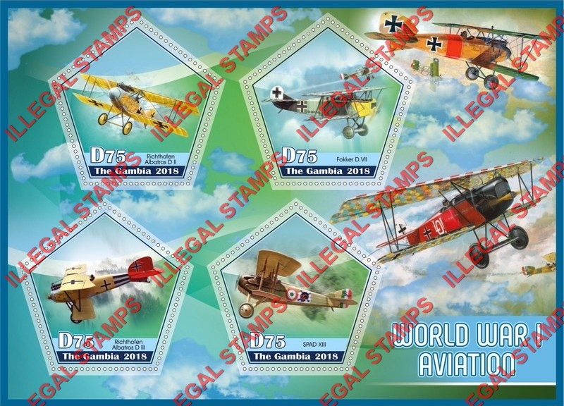 Gambia 2018 World War I Aviation Illegal Stamp Souvenir Sheet of 4 Gambia 2018 World War I Aviation Illegal Stamp Souvenir Sheet of 4