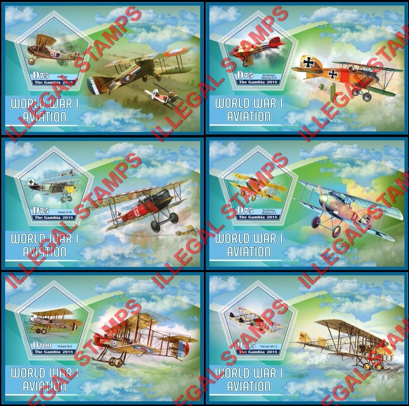 Gambia 2018 World War I Aviation Illegal Stamp Souvenir Sheets of 1 Gambia 2018 World War I Aviation Illegal Stamp Souvenir Sheets of 1