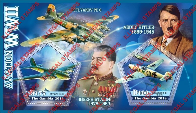 Gambia 2018 World War II Aviation (different) Illegal Stamp Souvenir Sheet of 2 Gambia 2018 World War II Aviation (different) Illegal Stamp Souvenir Sheet of 2
