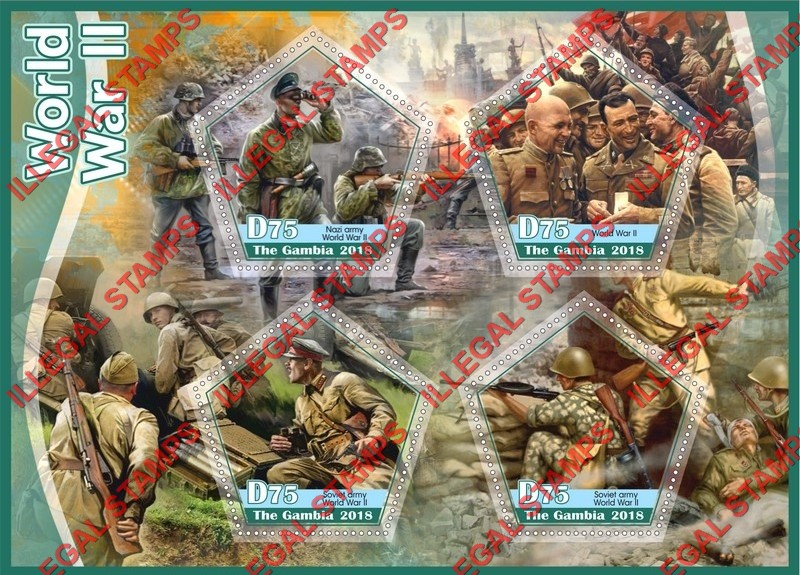 Gambia 2018 World War II Illegal Stamp Souvenir Sheet of 4 Gambia 2018 World War II Illegal Stamp Souvenir Sheet of 4