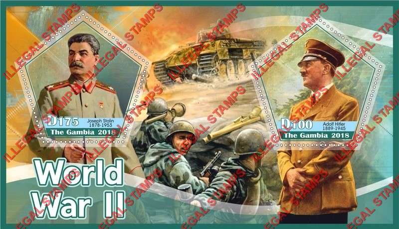 Gambia 2018 World War II Illegal Stamp Souvenir Sheet of 2 Gambia 2018 World War II Illegal Stamp Souvenir Sheet of 2
