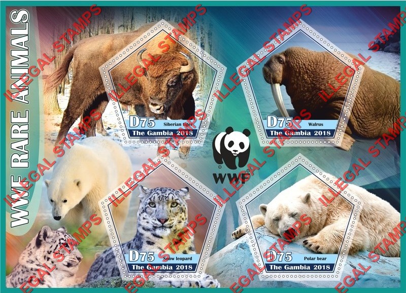 Gambia 2018 WWF Rare Animals Illegal Stamp Souvenir Sheet of 4 Gambia 2018 WWF Rare Animals Illegal Stamp Souvenir Sheet of 4