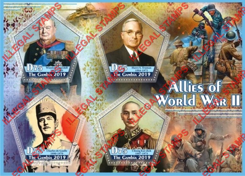 Gambia 2019 Allies of World War II Illegal Stamp Souvenir Sheet of 4 Gambia 2019 Allies of World War II Illegal Stamp Souvenir Sheet of 4
