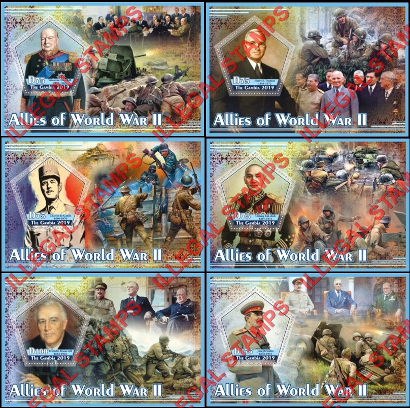 Gambia 2019 Allies of World War II Illegal Stamp Souvenir Sheets of 1 Gambia 2019 Allies of World War II Illegal Stamp Souvenir Sheets of 1