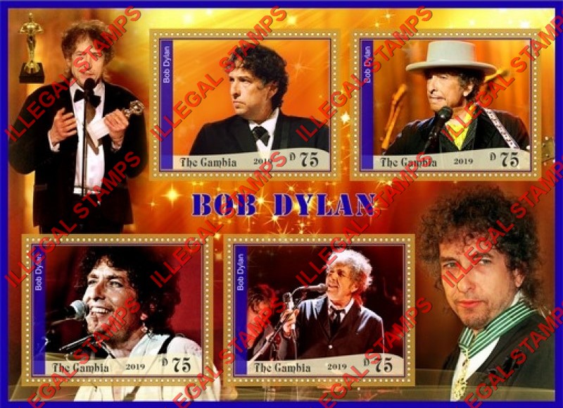 Gambia 2019 Bob Dylan (different) Illegal Stamp Souvenir Sheet of 4 Gambia 2019 Bob Dylan (different) Illegal Stamp Souvenir Sheet of 4