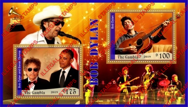 Gambia 2019 Bob Dylan (different) Illegal Stamp Souvenir Sheet of 2 Gambia 2019 Bob Dylan (different) Illegal Stamp Souvenir Sheet of 2