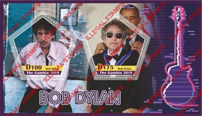 Gambia 2019 Bob Dylan Illegal Stamp Souvenir Sheet of 2 Gambia 2019 Bob Dylan Illegal Stamp Souvenir Sheet of 2