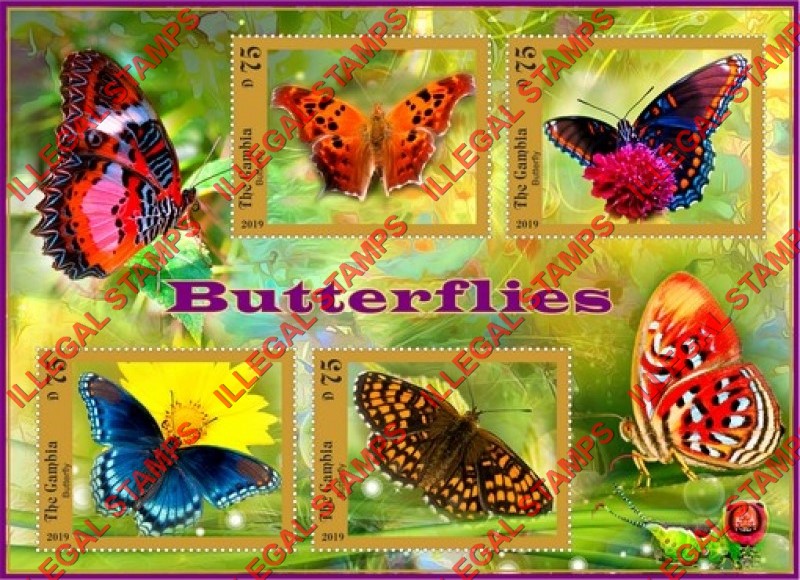 Gambia 2019 Butterflies Illegal Stamp Souvenir Sheet of 4 Gambia 2019 Butterflies Illegal Stamp Souvenir Sheet of 4