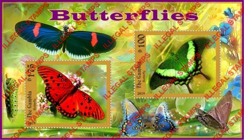 Gambia 2019 Butterflies Illegal Stamp Souvenir Sheet of 2 Gambia 2019 Butterflies Illegal Stamp Souvenir Sheet of 2