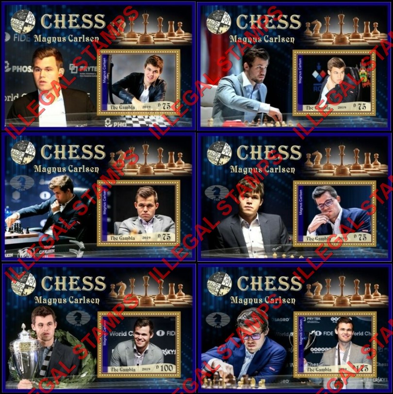 Gambia 2019 Chess Magnus Carlsen Illegal Stamp Souvenir Sheets of 1 Gambia 2019 Chess Magnus Carlsen Illegal Stamp Souvenir Sheets of 1