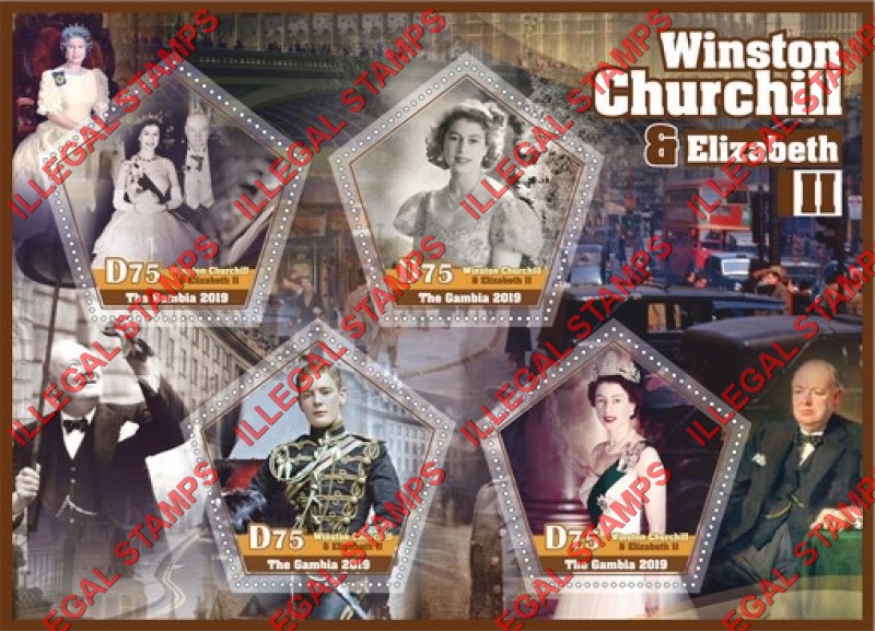 Gambia 2019 Winston Churchill and Queen Elizabeth II Illegal Stamp Souvenir Sheet of 4 Gambia 2019 Winston Churchill and Queen Elizabeth II Illegal Stamp Souvenir Sheet of 4