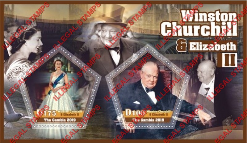 Gambia 2019 Winston Churchill and Queen Elizabeth II Illegal Stamp Souvenir Sheet of 2 Gambia 2019 Winston Churchill and Queen Elizabeth II Illegal Stamp Souvenir Sheet of 2
