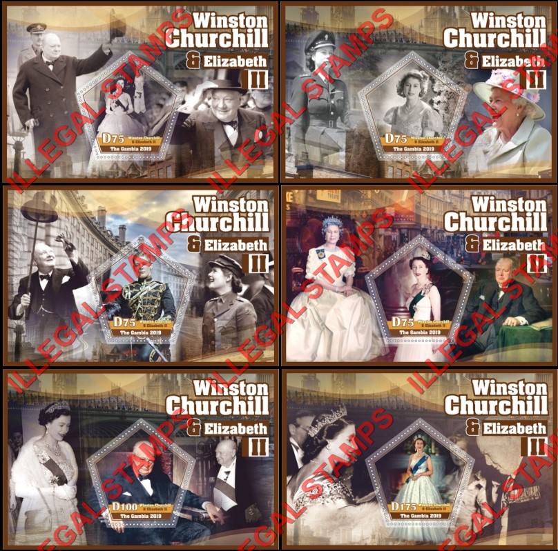 Gambia 2019 Winston Churchill and Queen Elizabeth II Illegal Stamp Souvenir Sheets of 1 Gambia 2019 Winston Churchill and Queen Elizabeth II Illegal Stamp Souvenir Sheets of 1