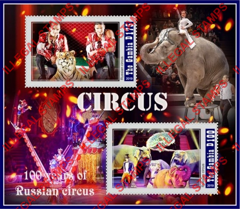 Gambia 2019 Circus Illegal Stamp Souvenir Sheet of 2 Gambia 2019 Circus Illegal Stamp Souvenir Sheet of 2